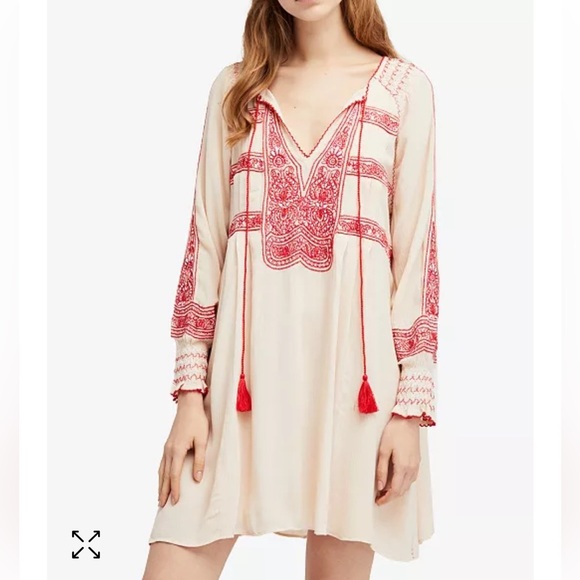 Free People Dresses & Skirts - Free People Wind Willow Mini Peasant Dress - Red and Cream XS fits generous